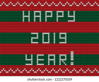 Knitting new year pattern with snow flakes ornament and text happy 2019 year on striped red and green knitted background. Vector illustration, greeting card, flyer, invitation.