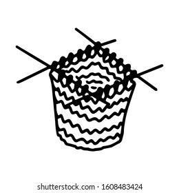 Knitting. The object is hand-drawn and isolated on a white background. Black and white vector illustration in doodle style. Knitting a sock in a circle on 4 knitting needles.