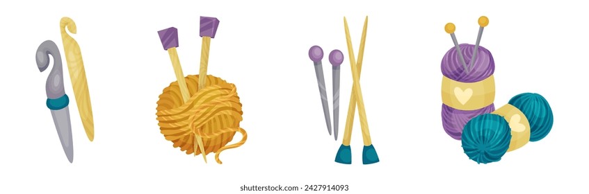 Knitting Object with Yarn and Needle Vector Set