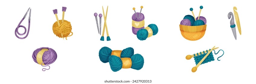 Strickobjekt mit Garn und Nadel Vektor Set