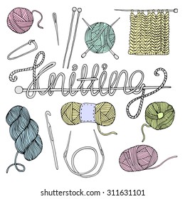 Knitting objects isolated on white background. Hand made design elements