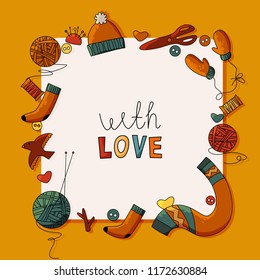 Knitting Party Paper Concept. Vector Illustration of Cartoon style Poster with lettering or space for copying.