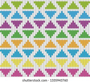 knitting pattern background of triangles in green, pink, yellow, blue, orange and purple on white