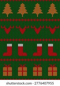 Knitting pattern for Christmas sweater design. Vector illustration of winter ornament including reindeer, Christmas trees, red socks, and gift boxes in pixel art style. Traditional Nordic fair isle stitch pattern for holiday wallpaper and fabric