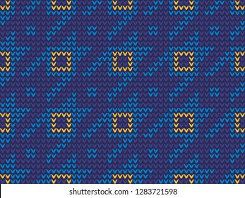 Knitting pattern geometric background square elements motif abstract minimalist fabric print classic ornament graphic style. Casual repeating textile design, blue, white color minimal allover print.