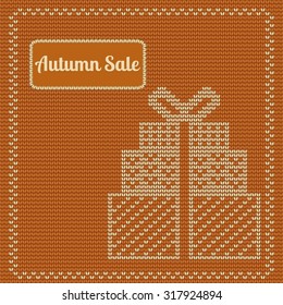 knitting pattern with gift boxes and label Autumn sale, orange background. 