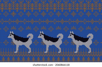Knitting pattern with an image of husky dogs. Black-white-orange pattern on a blue background.