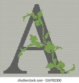 Knitting pattern letter "A" with green floral branch. Sweater design in red and white tones.  Concept for banner, placard, billboard or web site. Retro greeting card and background.
