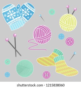 knitting pattern with 
mittens, socks and yarn