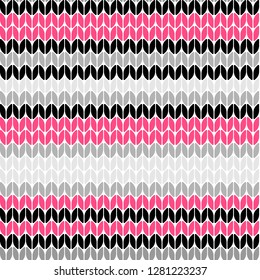 knitting pattern ornament seamless . vector repeatablle illustration of realictic flat knit texture for wallpaper background stripes pink and white gray and black , textile fabric or wrapping paper 