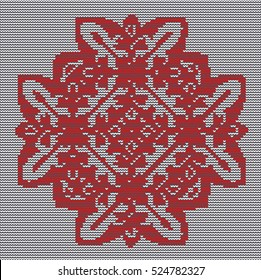Knitting pattern ornate decorative symbol. Sweater design. Wool knitted texture in red and white tones. Concept for Christmas design, banner, placard, billboard or web site.