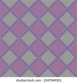 Knitting pattern with pink and white squares. Festive Sweater Design. Seamless Knitted Pattern.