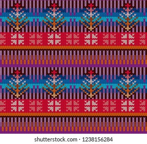 Knitting Pattern in style Fair Isle. Bright, multi-color. Seamless pattern. Needlework, handmade, manufacture of fabrics, yarn, tools for needlework. Background for invitations, packaging