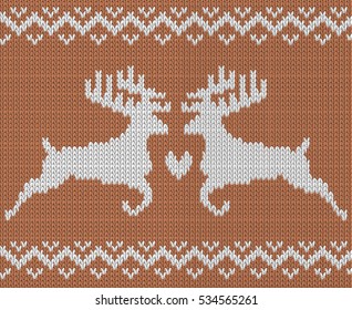 Knitting pattern with two deers and heart. Norwegian ornament. All elements separate and editable. Vector  background 