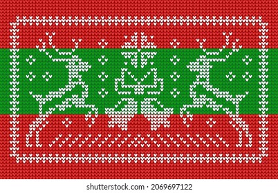 Knitting pattern in ugly sweater style with jingle bells and Christmas reindeers
