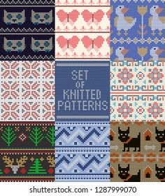 Knitting pattern vector wool texture background traditional winter sweater ornament illustration seamless set of handknitting textile design of knitwear backdrop