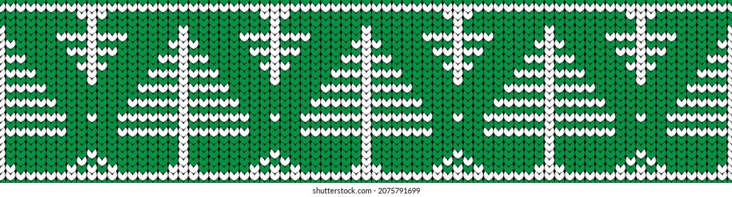 Knitting pattern of white Christmas trees on a green background. Christmas, New Year. Seamless pattern, vector illustration