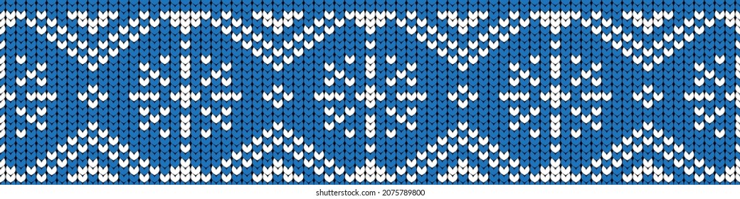 Knitting pattern of white snowflakes on a blue background. Christmas, New Year. Seamless pattern, vector illustration