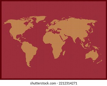 Knitting pattern of World Map Isolated on Red Background - vector illustration