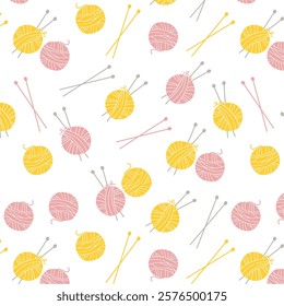 Knitting pattern. Yarn seamless pattern with yarn balls, threads, knitting needles, yarn, wool, crochet. Pattern for sewing and knitting collection. Flat vector illustration isolated