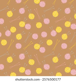 Knitting pattern. Yarn seamless pattern with yarn balls, threads, knitting needles, yarn, wool, crochet. Pattern for sewing and knitting collection. Flat vector illustration isolated