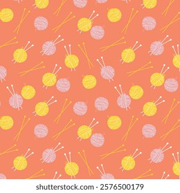 Knitting pattern. Yarn seamless pattern with yarn balls, threads, knitting needles, yarn, wool, crochet. Pattern for sewing and knitting collection. Flat vector illustration isolated