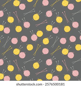 Knitting pattern. Yarn seamless pattern with yarn balls, threads, knitting needles, yarn, wool, crochet. Pattern for sewing and knitting collection. Flat vector illustration isolated