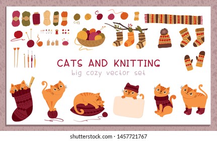 Knitting and pets flat vector stickers set. Adorable cats wearing woolen handmade knitwear cartoon characters. Cute playful kittens with yarn balls hand drawn illustrations for scrapbook collection