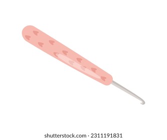 Knitting pink hook concept. Inventory of seamstress and atelier in workshop. Poster or banner for website. Creativity and art. Cartoon flat vector illustration isolated on white background