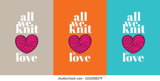 Knitting poster with heart shaped whool ball, Knitting service shop sign, Hand made seamstress design, Made with Love fashion work