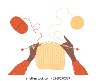 Knitting process. Balls of yarn. African female hands with needles and thread. Top view of the workplace. Tailor shop elements. Hand drawn vector illustration in flat cartoon style.