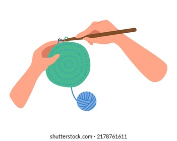 Knitting process, hands knit crochet. Modern illustration in flat cartoon style, isolated on white background. Handmade concept.