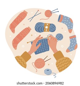 Knitting process, top view on two female hands holding needles. Yarn and balls of thread. Winter holiday hobby. Christmas preparing. Modern illustration in flat style isolated on white background.