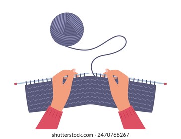 Knitting process, top view on hands holding needles. Yarn and balls of thread. Vector