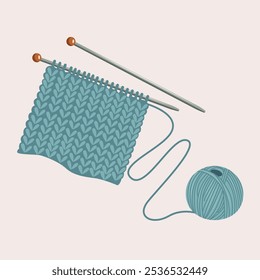 Knitting. Knitting in progress. Woolen threads, ball, knitting needles. Handicraft. Hobby. Vector on white background.