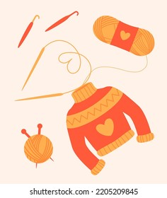 Knitting pullover with knitting needle and crochet. Skein of threads. Cute and warm sweater for cold winter weather. Vector illustration