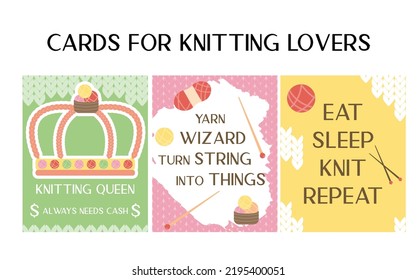 Knitting queen turn string into things. Greeting card with needle and yarn. Eat sleep knit repeat poster for social media.