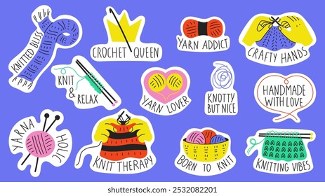 Knitting Quotes Stickers Set. Hygge Collection of hand drawn needlecraft and handwork badges with handwritten lettering. Cozy yarn skein needles hands knitwear. Vector illustration