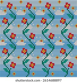 Knitting Red Flowers in Blue Sky Pattern