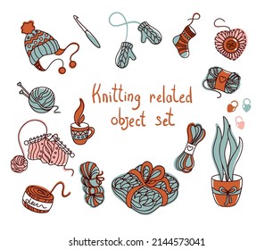 Knitting related object set. knitting hobby. Yarn knitting needles, vector illustration.