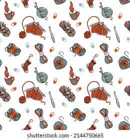 Knitting and related objects. Seamless pattern for fabric, wrapping, textile, wallpaper, apparel. Vector.