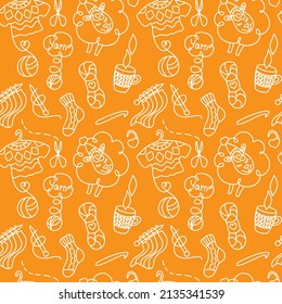 Knitting and related tools. Hand drawn knitwear. Seamless pattern.