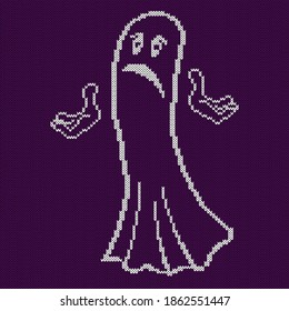 Knitting with sad ghost on the violet background, design for sweater, scarf, comforter or clothes texture, as a fabric texture