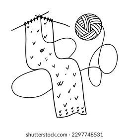 Knitting of scarf in hand drawn doodle style. Vector illustration isolated on white. Coloring page. Knitting proccess.