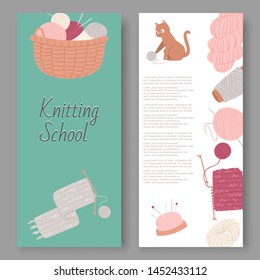 Knitting school and arts and crafts vector set of banners. Wool balls, knitted goods and knitting tools woolen scarf with hook, yarn and cartoon kitten. Hobby concept.