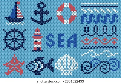 Knitting sea elements and ornaments. Yacht, ship, boat, anchor, lifebuoy, steering wheel, lighthouse, starfish, fish, shell, waves. Vector illustration.