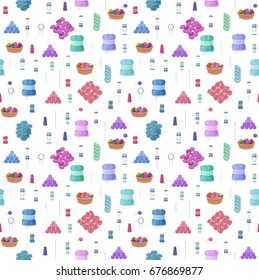 Knitting seamless colorful vector pattern with craft icons of isolated woolen yarn balls and handmade hobby accessories