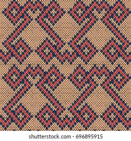 Knitting seamless geometric ornate vector pattern in beige, red and blue colors