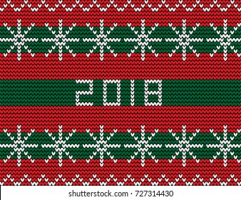 Knitting seamless new year pattern with snow flakes ornament and numeral 2018 on striped red and green knitted background.
