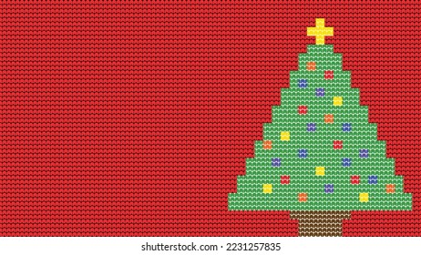 Knitting Seamless Pattern border on Red Background, Knitting Tree Ethnic Pattern Border Merry Christmas and happy winter days vector poster
